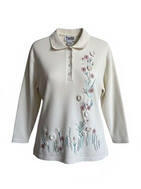 Teddi Cream Button-Front Floral Embroidered Polo